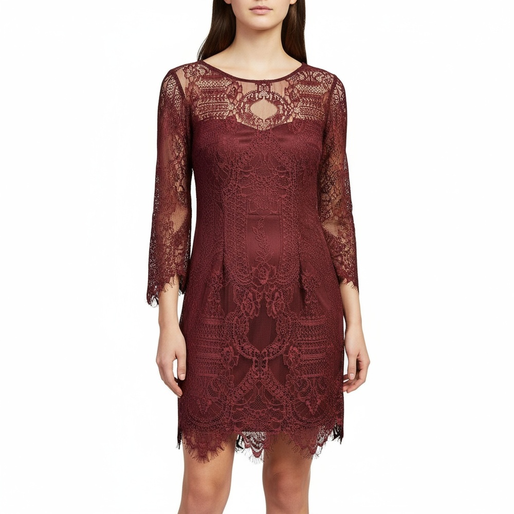 BB Dakota Mini Dress 0 Bordeaux Asymmetrical Lace 3/4 Sleeve Elegant Party New‎